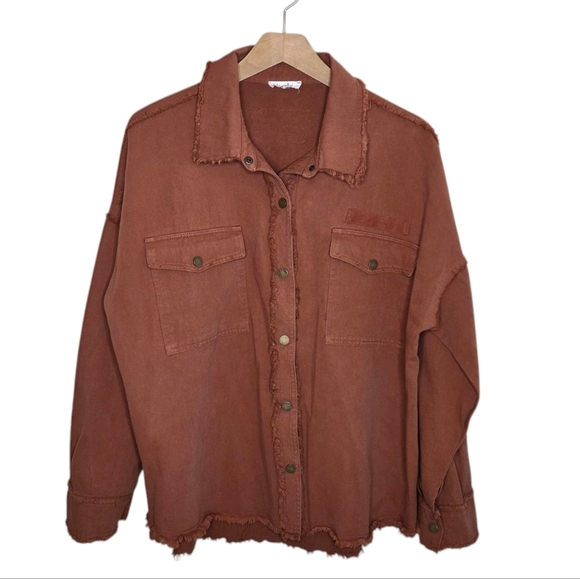 La Miel | Rust Orange Frayed Hem Oversized Shirt Jacket Shacket Size Small - Picture 1 of 7